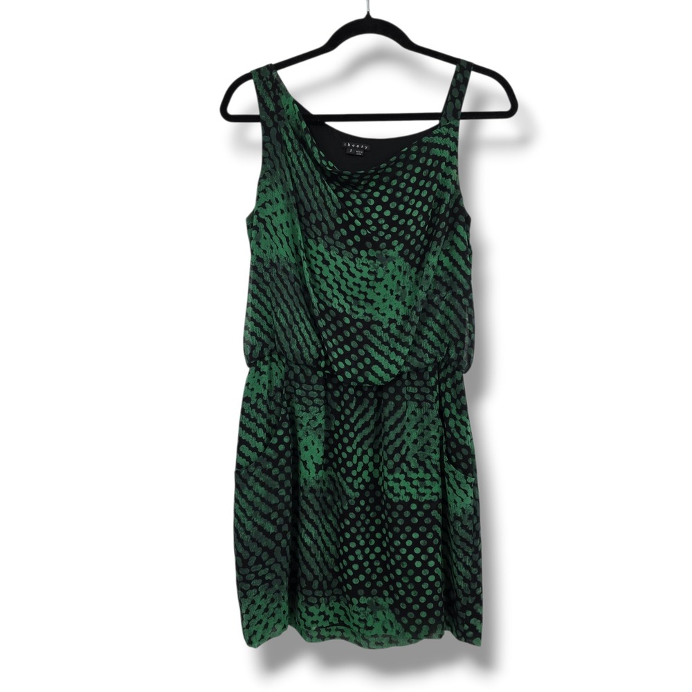Theory Womens Green Black Abstract Polka Dot Silk Cowl Neck Mini Dress Size 2